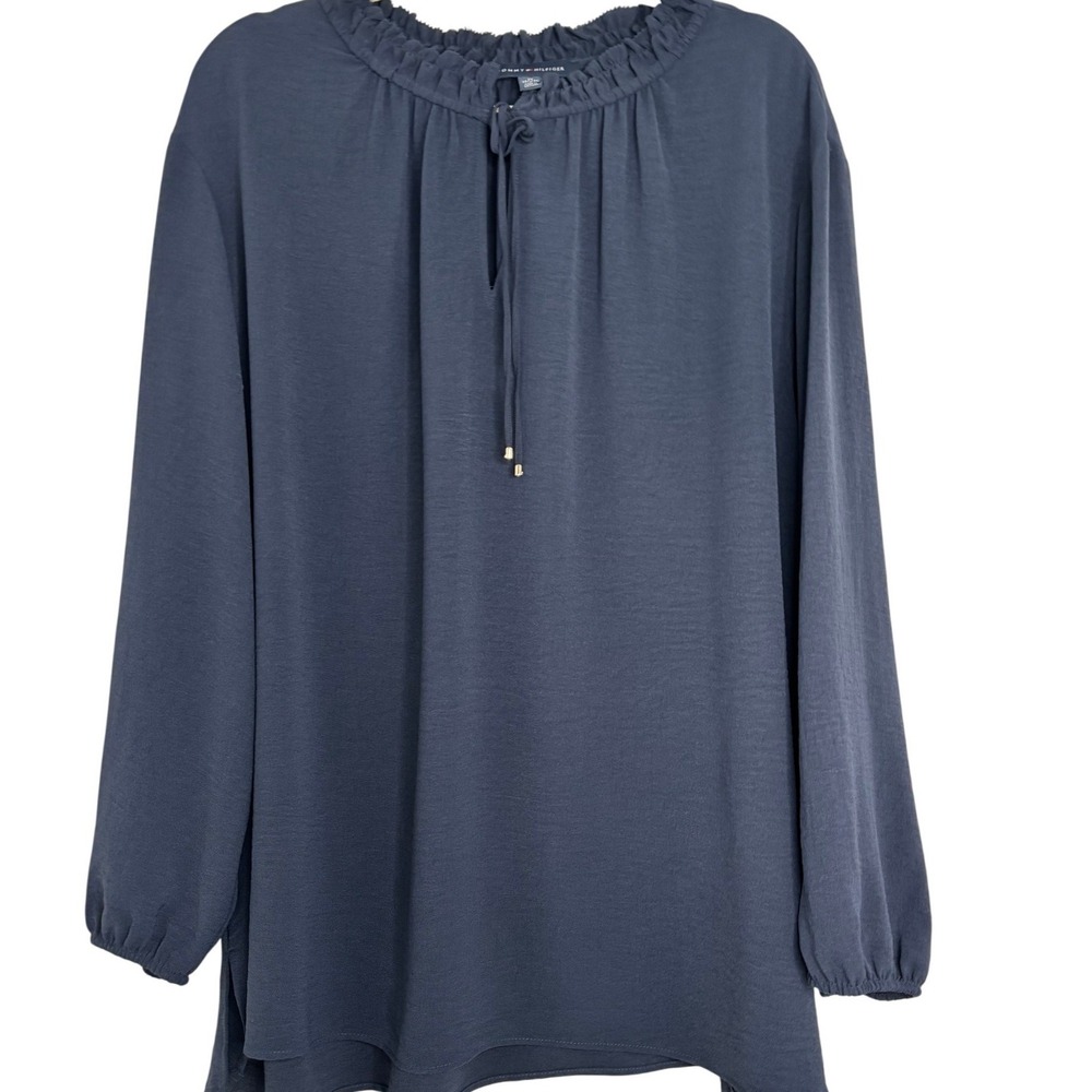 Tommy Hilfiger Blouse Womens 3X Navy Blue Excellent Ruffle Neck Keyhole Tie Top
